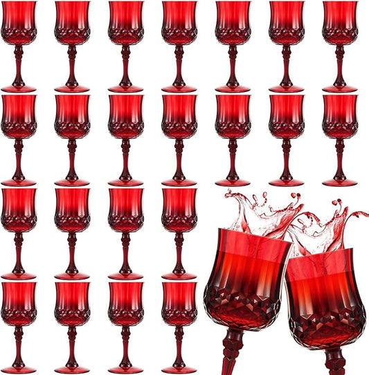 Pinkunn 24 Pcs 7 oz Plastic Vintage Wine Glasses Reusable Colored Goblets Patterned Drinking Water Glasses Cup Dishwasher Safe for Mother's Day Wedding Reception Party Supplies (Red)