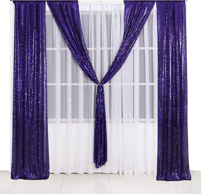 Poise3EHome 2ft x 8ft Purple Sequin Photography Backdrop Curtain 2 Panels for Halloween Party Decoration