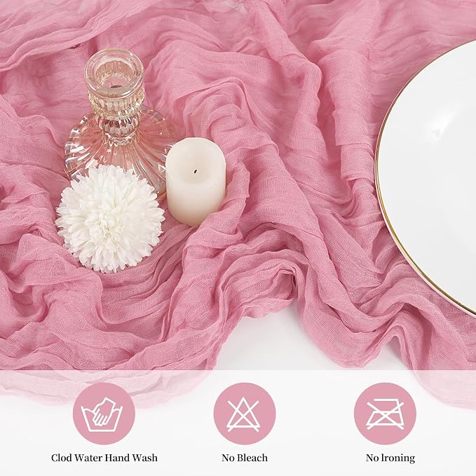 20 Pack Cheesecloth Table Runner 17 x 108 inch Long Boho Gauze Table Runners Semi Sheer Table Runner for Wedding Decor, Baby Shower, Birthday Party, Banquet (Dusty Rose)