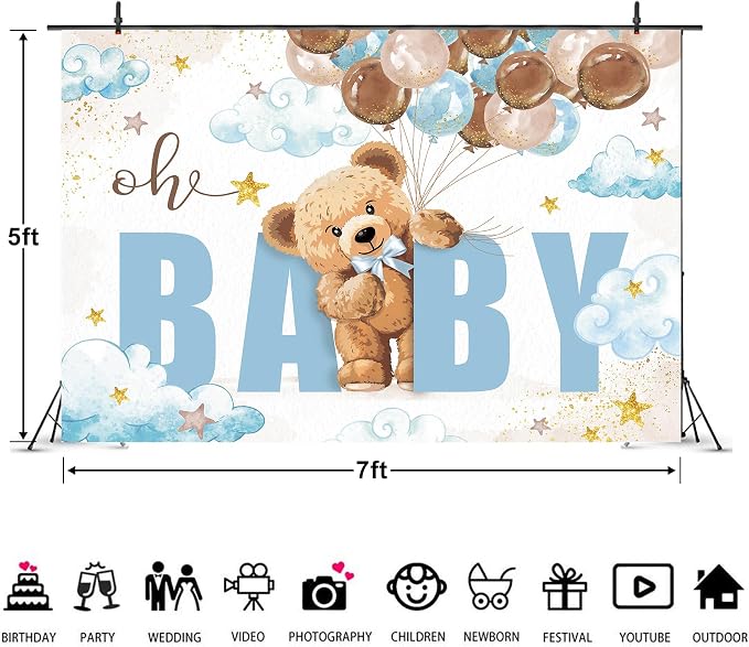 Oh Baby Bear Baby Shower Backdrop 7Wx5H Feet for Boys Brown Blue Balloons Lovely Clouds Gold Stars Polyester Fabric Cute Cartoon Photography Backgrounds Photo Shoot Decor Props Decoration
