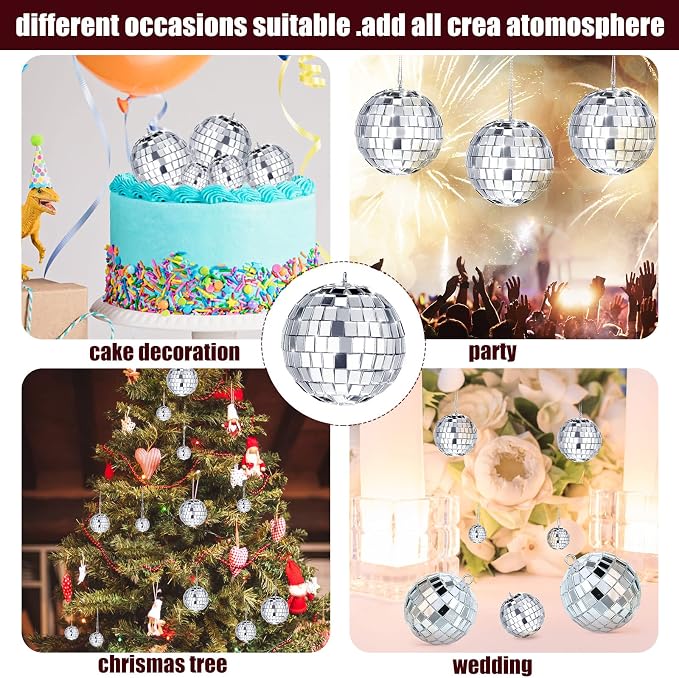 MTLEE 20 Pcs Disco Balls Decoration Mirror Disco Ball Assorted Silver Mini Glass Different Sizes Reflective with Rope for 70s Wedding Dance Music(2.4, 2, 1.6, 1.2 Inch)
