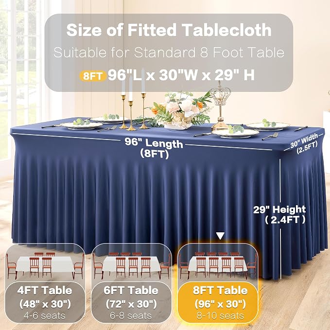 6 Pack Spandex Navy Blue Tablecloths for 8 Foot Rectangle Tables, Wrinkle Free Fitted Table Cloths 8ft Stretchy Table Cover Skirt for Parties Weddings Birthday Banquet Baby Shower