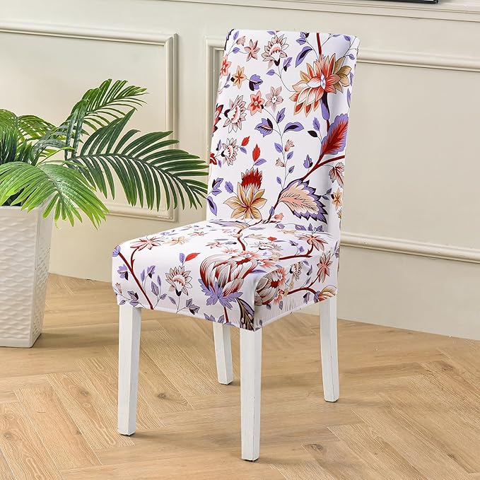 Fuloon Chair Covers for Dining Room 4 Pack, Printed Stretch Dining Slipcovers, Washable Kitchen Slip Covers for Parson Chair, Flower Cluster Printed, Set of 4