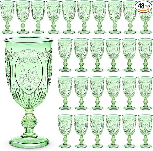 Wiwiqing 48 Pcs Plastic Goblets 7.5oz Vintage Goblet Plastic Wine Glasses Colored Retro Embossed Water Goblets for Wine Bar Juice Baby Shower Wedding Reception Grand Event Party (Light Green)