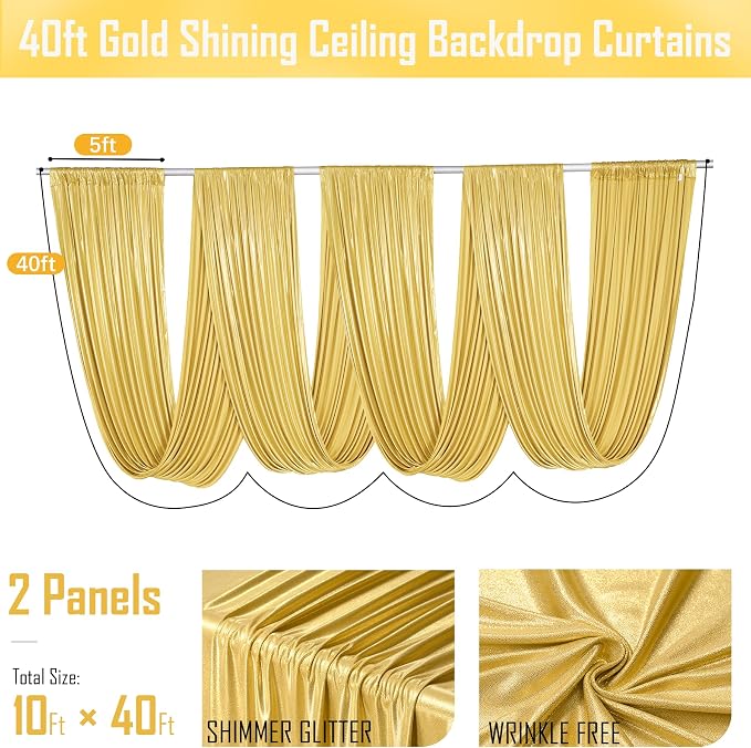 gogoparti 10x40FT Gold Shimmer Backdrop Curtains for Weddings Parties - 2 Panels of Extra Long 5x40FT Drapes, Includes Dual Pole Pockets, Wrinkle-Free Fabric for Party, Photo Booth & Tent Decoration