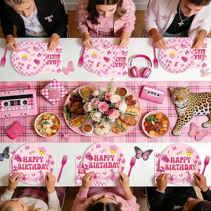 96Pcs Pink Checkered Preppy Graduation Decoration Pink Smiley Face Preppy Plates and Napkins Smile Face Y2k Tableware Set for Girls Graduation Birthday School Party Supplies Serves 24