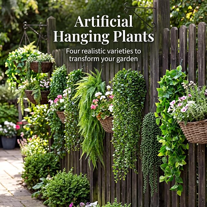 Daifunli 60 Pcs Artificial Hanging Plants Fake Hanging Ferns Plastic Fake Plant for Wall Room Garden Garland Indoor Outdoor Decor No Basket (Boston,Eucalyptus,Ivy Vine,String of Pearls)
