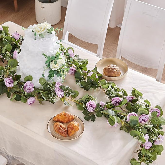 PONKING Flower Garland Artificial Rose Vine Flowers Hanging Fake Roses Vines for Wedding Birthday Party Valentines Christmas Room Wall Arch Decor, 2 Purple Floral Garland Decorations