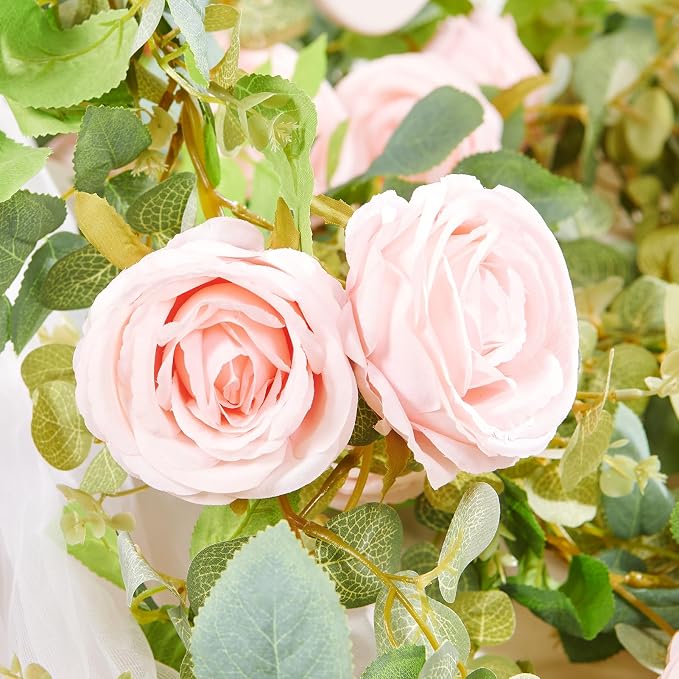 PONKING Flower Garland Artificial Rose Vine Flowers Hanging Fake Roses Vines for Wedding Birthday Party Valentines Christmas Room Wall Arch Decor, 2 Pink Floral Garland Decorations, High Realistic