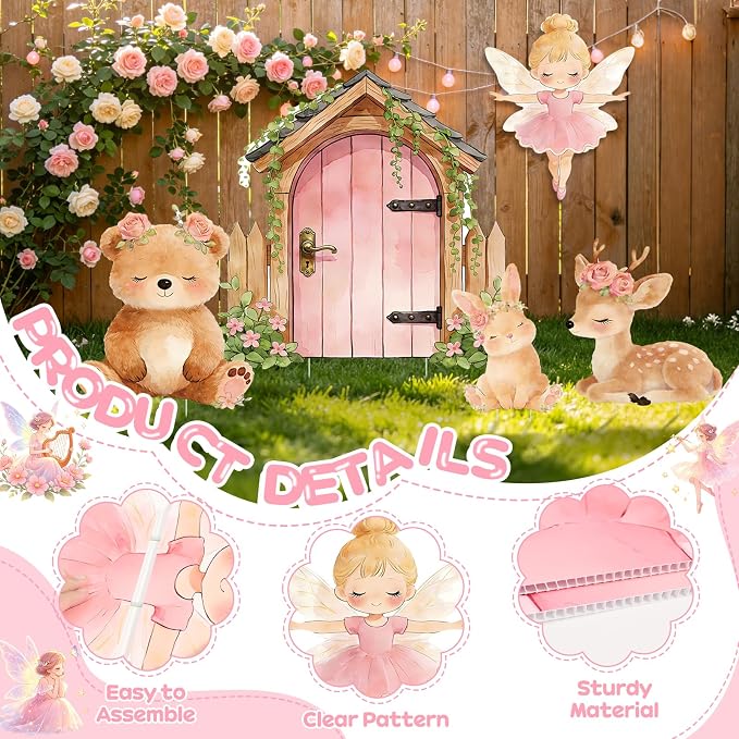 5Pcs Pink Fairy First Birthday Decorations, Large Bunny Bear Deer Fairy House Cardboard Cutout, Woodland Fairy Baby Shower Photo Booth Prop Princess Birthday Party Outdoor Indoor Decor