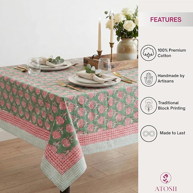 ATOSII Roma Green 100% Cotton Square Summer Tablecloth, Block Print Floral Table Cloth for Dining, Parties Wedding Outdoors I Grand Millenial Decor 60 X 60 Inches I 4 Seater I