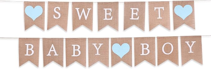 Sweet Baby Boy Burlap Banner - Rustic Baby Shower Decorations, Photo Props (Sweet Baby Boy Blue)