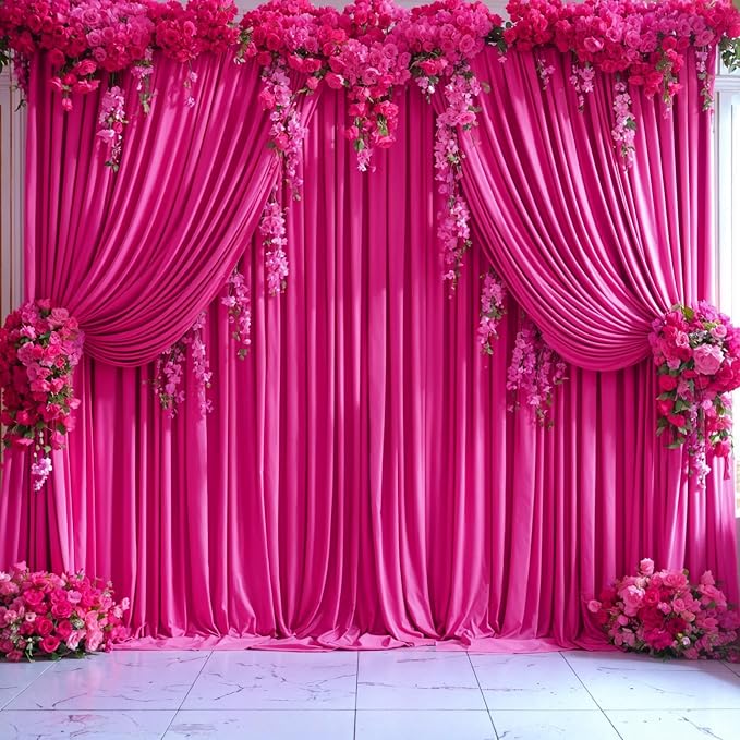 4 Panels Hot Pink Backdrop Curtains for Wedding Party Wrinkle Free Backdrop Curtain Drapes Fabric Decoration Fuchsia Photo Back Drop Cloth for Baby Shower Photography Stage Reception 20ft(W) x 12ft(H)