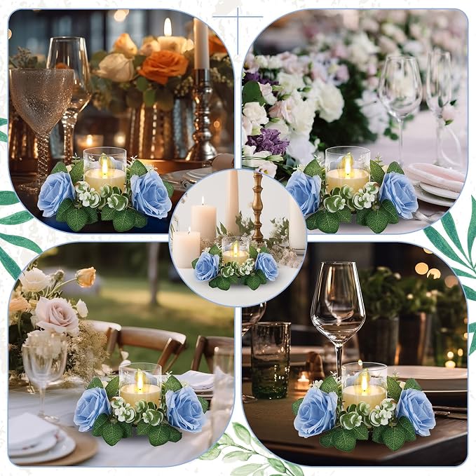 Yunlly 12 Pcs Rose Candle Rings with Flameless Candles Sets, Artificial Flower Eucalyptus Wedding Centerpiece 3 Inch Pillar Candleholders Wreaths for Wedding Party Mother's Day (Blue)