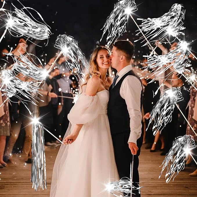 100 pcs Wedding Wands Light up with LED Tinsel Wedding Streamers for Wedding Send off and Greeting Ideal Props for Weddings, Birthday Parties, Christmas Cheerleading Games (Silver)