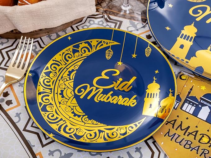 Nervure 125PCS Ramadan Plastic Plates - Eid Mubarak Plates - Blue Gold Plates Include 50 Plates 25 Spoons 25 Forks 25 Knives for Ramadan Mubarak Table Decorations Eid Al-fitr Party Favors
