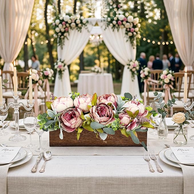 Pre-Made Flower Table Centerpieces for Dining Room Wedding Artificial Peony Table Decorations Wood Tray with Fake Flowers for Living Room Party Bar Kitchen Table(Vintage Pink)