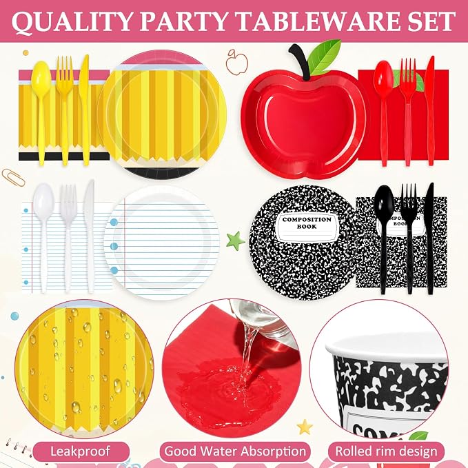 450 Pcs Preschool Kindergarten Back to School Tableware Set Decorations Apple Paper Plates Composition Notebook Napkins Pencil Cups Cutlery Straws for First Day Party Supplies, Serves 50