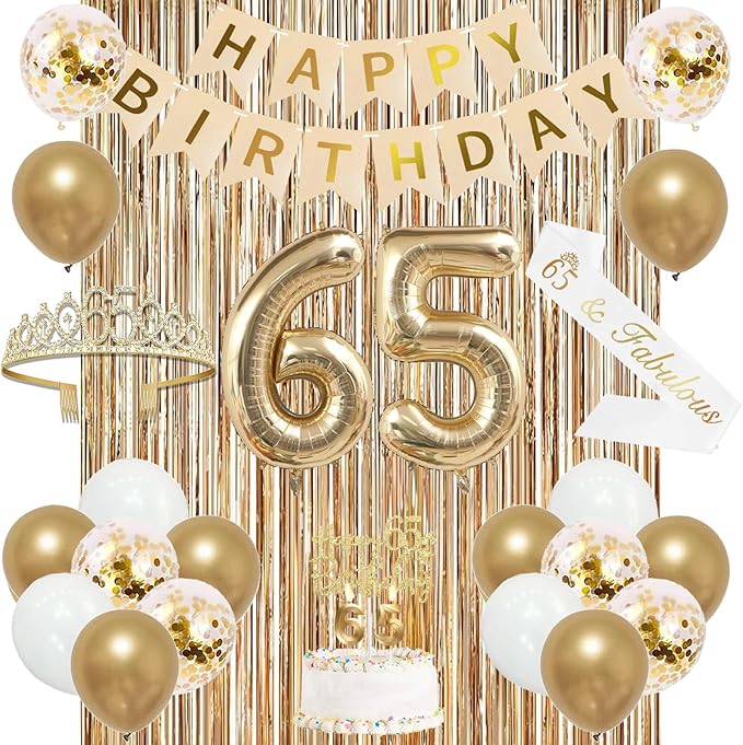 Trgowaul 65th Birthday Decorations for Women, Banner, Sash and Crown, Cake Topper, 65 Number Balloon, Fringe Curtains, Champagne Gold 65th Birthday Party Supplies
