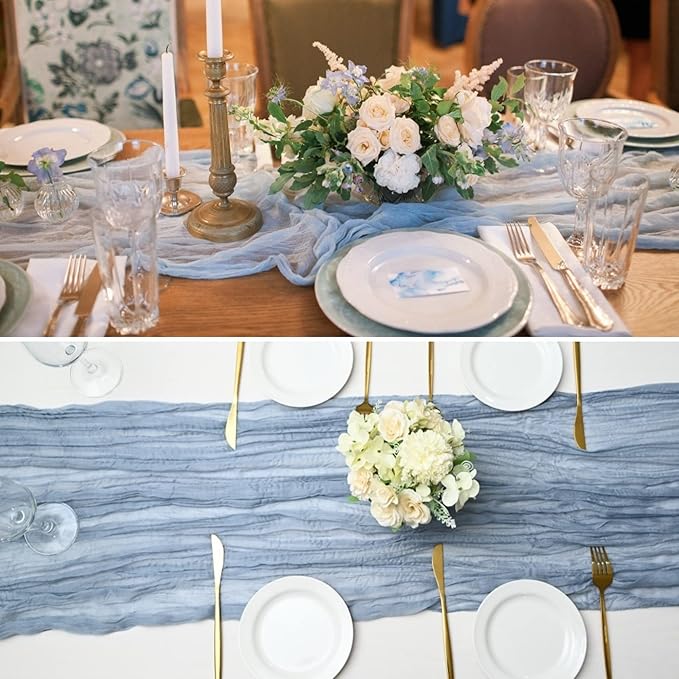 15 Pack Cheesecloth Table Runner 10Ft Cheese Cloth Table Runner 35 x120Inch Romantic Boho Table Runners for Wedding Banquet Birthday Party Engagement Baby Bridal Shower Engagement Decor(Dusty Blue)