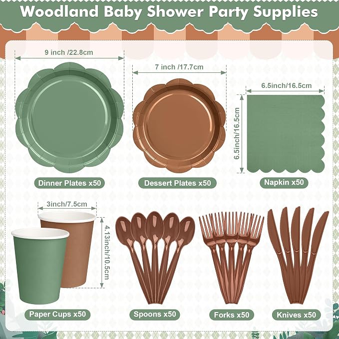 350 Pcs Woodland Baby Shower Party Supplies Set - Sage Green and Brown Paper Plates and Napkins Set Include Scalloped Paper Plate Napkin Cup Spoon Fork Knife for Safari Jungle Baby Shower Decorations