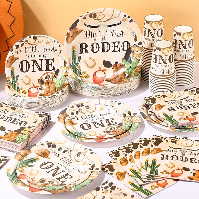 Pickmesh 250 Pcs My First Rodeo Party Decorations Wild West Cowboy Disposable Tableware Set My First Rodeo Paper Plates Napkins Cups for 1st Birthday Western Cowboy Themed Party Decorations Serve 50
