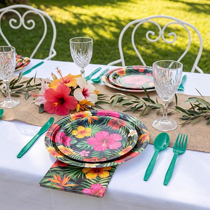 Ziliny 350 Pcs Tropical Hawaiian Party Disposable Tableware Set, Luau Hibiscus Palm Leaf Floral Paper Plates Cups Napkins Dinnerware for Summer Beach Aloha Pool Tiki Birthday Party Supplies Serves 50