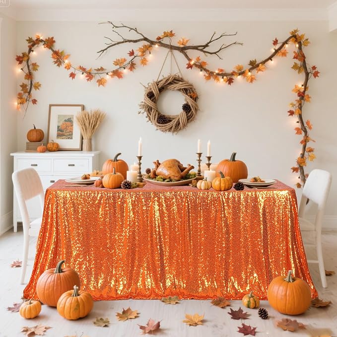 Eternal Beauty Orange Tablecloth, 90x132 Inch Sequin Rectangle Table Cover for Cake Dessert Exhibition Party Birthday Events