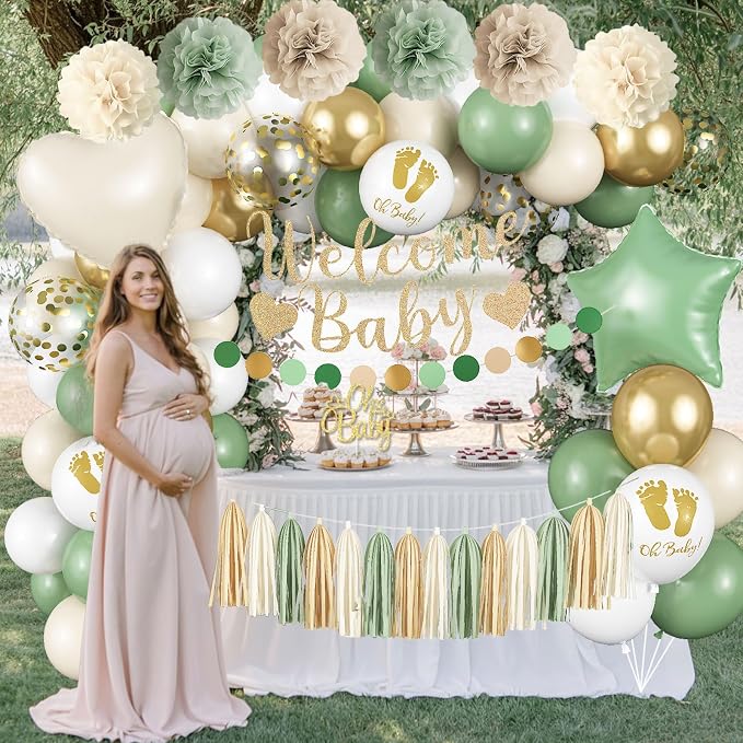 Sage Green Baby Shower Decorations, Welcome Baby Banner Olive Green Gold White Sand Confetti Latex Foil Balloons with Oh Baby Cake Topper Pom Poms Tassels for Boho Neutral Gender Reveal Party Supplies