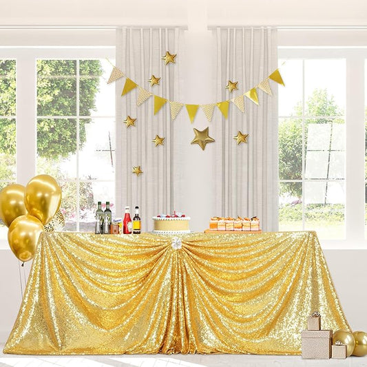 PartyDelight Gold Sequin Tablecloth 60x102 Rectangle High-Density 3mm Sequins Sewn on Mesh for 6ft Banquet Tables Shimmering Non-Shedding Table Cover for Weddings, Parties & Galas