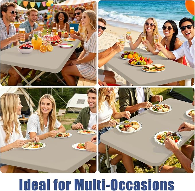 Moosfor Spandex 6 Foot Rectangle Table Cloth 6 Pack, Elastic Fitted Tablecloths for Picnic, Stretch Washable Patio Table Cover for Outdoor, Camping, Banquet and Parties (Taupe, 30"x72")