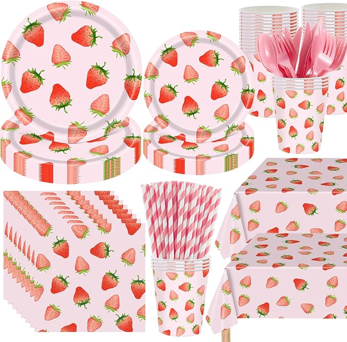 Funnymoom 452 Pcs Strawberry Party Supplies for 50 Guests, Strawberry Paper Plates Napkins Cups Tablecloth Cutlery Straws for Berry First Birthday Baby Shower Party Decorations