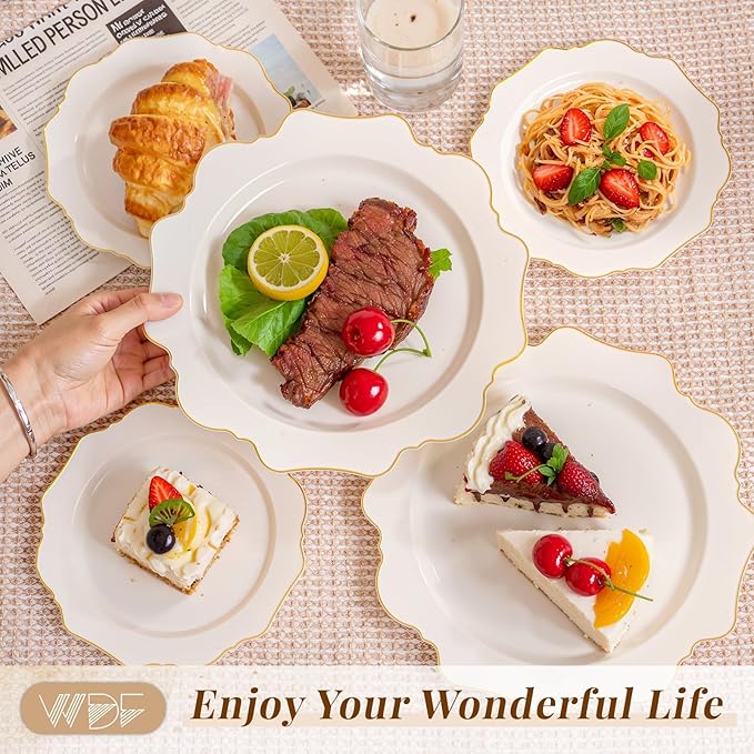 WDF 200PCS Ivory Plastic Plates with Gold Rim - Cream Plastic Plates - Include 100 Dinner & 100 Dessert Fancy Disposable Plate for Party - Heavy Duty Plate for Wedding/Baby Shower/Spring/Mother's Day