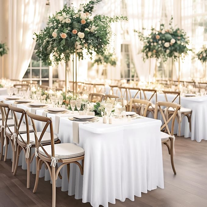 Wish Care 8 Pack White Spandex Table Clothes for 8 Foot Rectangle Tables, 8FT Wrinkle Free Fitted Tablecloths Ruffles Design Table Cloth for Party, Banquet, Wedding and Events