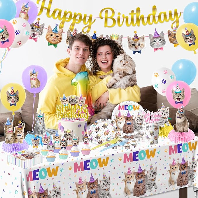 Cat Birthday Decorations,189pcs Cat Party Decorations cat Birthday Plates and Napkins Cups Tablecloth Cake Topper Hanging Swirls Centerpiece Balloon for Ca t Party Supplies