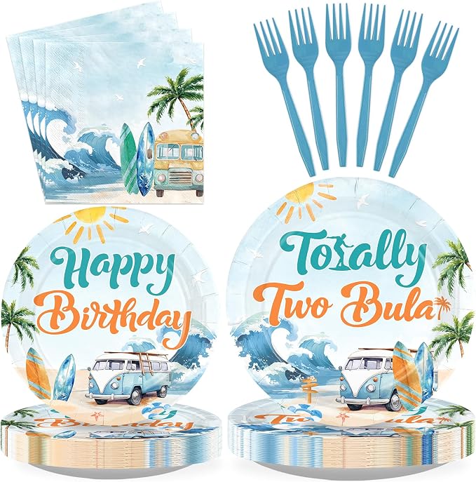 96Pcs Summer Surfing 2nd Birthday Party Decoration Totally Two Bular Plates and Napkins Vintage Surfing Birthday Tableware Set for Boys Summer Swimming Pool Hawaii Party Supplies, Serves 24