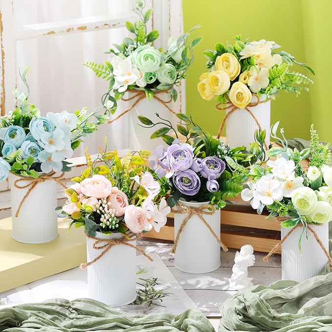 Wavwavw 6 Pcs Floral Table Centerpieces Artificial Peonies Flower with Vase Purple Pink Blue Yellow Fake Flower Bouquet Pastel Floral Arrangement Spring Summer Decorations for Wedding Home Table Party