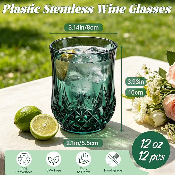 12 Pack Plastic Stemless Wine Glasses,12oz Unbreakable Vintage Elegant Drinking Glass Set,Reusable Fancy Cocktail Cups for Party, Wedding, and Bulk Events (12, 12oz-Dark Green)