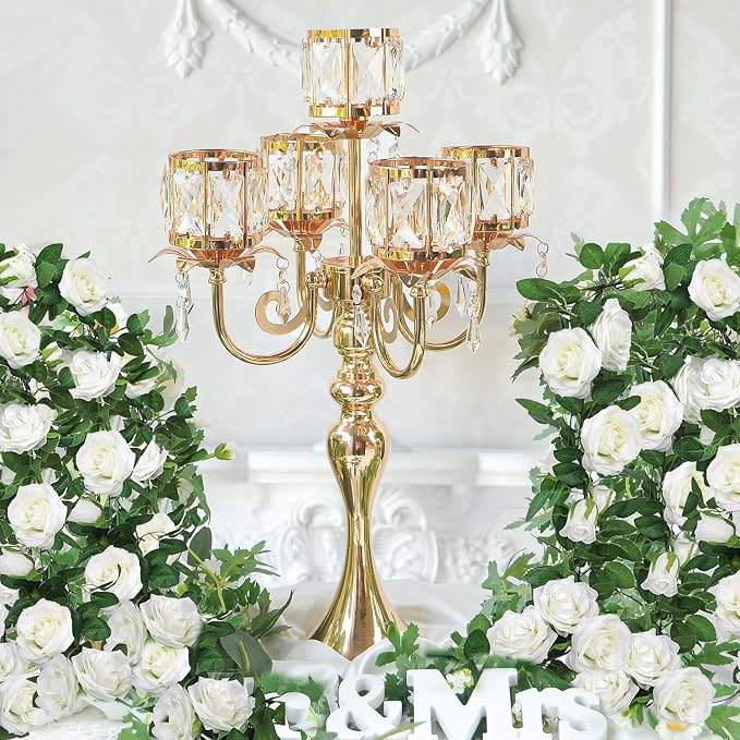 Gold Candelabra Candle Holders, Elegant Bling Centerpiece with Pendant Crystal Table Decorations 5 Arms Candlesticks for Dining Room,22 Inches Tall (4, Gold)