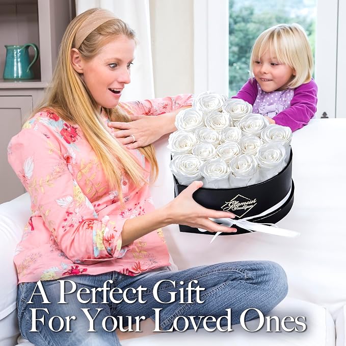 GLAMOUR BOUTIQUE 16 Flower Forever Heart Shape Box, Mothers Day Gift For Mom, Eternal Preserved Roses Gift for Her, Flowers bouquet, For Birthday, Anniversary, Girlfriend - White
