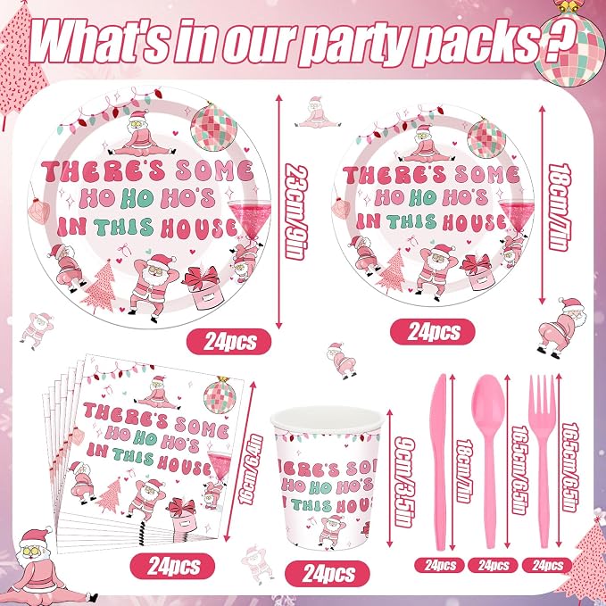 168 Pcs Christmas Party Decorations Pink Friendsmas Christmas Party Supplies Santa Claus Xmas Tableware Set Disposable Paper Plates Cups Utensils Serve 24 for Pink Friendsmas Holiday