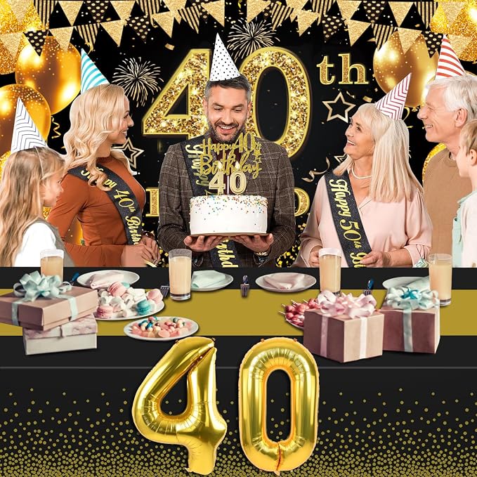 40th Birthday Decorations Men Women with 40th Birthday Banner, Black and Gold Table Cloth, Number Balloons,Large Sash, Cake Topper and Candles