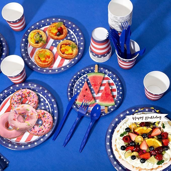 Cecnamt American Flag Themed Party Decorations, 170 Pcs Patriotic Party Decorations Including Banner, Plates, Cups, Napkins, Cutlery, Straws and Tablecloths, Serves 24