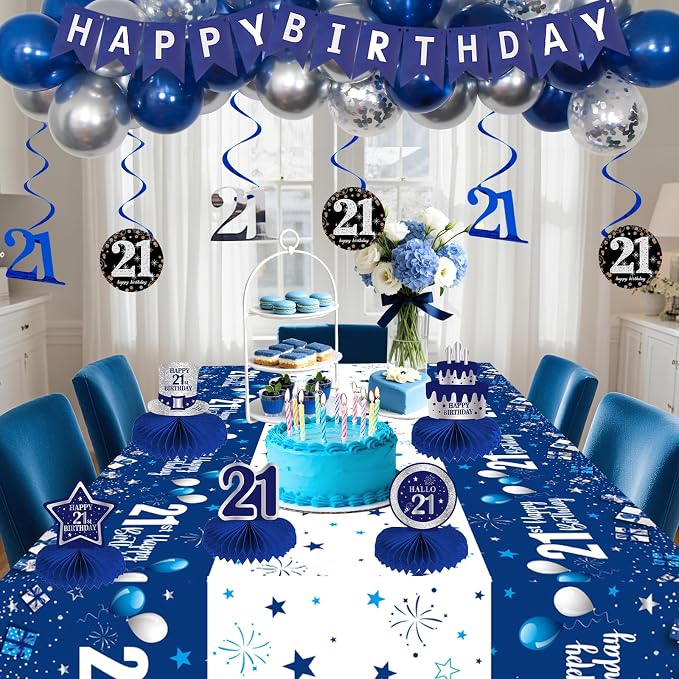 Happy 21st Birthday Decorations for Him Her, Dark Blue Silver 21 Birthday Party Supplies with Backdrop Banner 32 In Foil Number 21 Balloons Honeycomb Centerpieces for 21 Years Old Birthday Decor