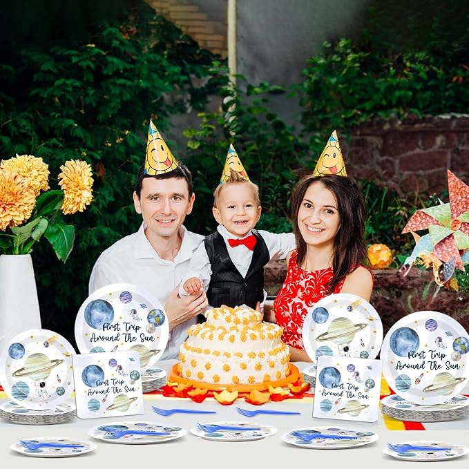 ZOIIWA 200 PCS First Trip Around the Sun Birthday Tableware Disposable 1st Space Party Supplies Outer Space Birthday Party Paper Plates Napkins Forks Baby Shower Decoration Serve 50 guest