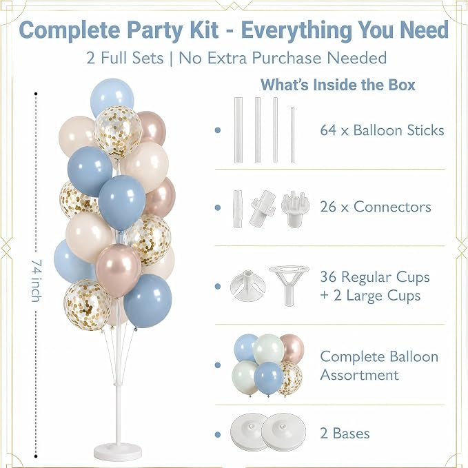 HIINS Balloon Column Kit Set of 2 with Dusty Pastel Blue Gold Balloon Base&Pole,Balloon Tower Backdrop Decoration for Wedding, Baby Shower, Birthday Party, Bridal Engagement