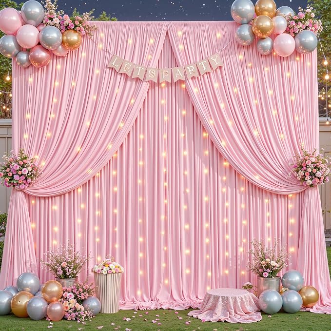 6 Panels Baby Pink Backdrop Curtains - Wrinkle Free Fabric Backdrop Curtain for Photoshoot, 10FT Wedding Party Photo Backdrop Drapes for Birthday Baby Shower Photography Stage Background Decorations