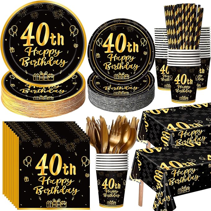 Funnymoom 452 Pcs 40th Birthday Party Decorations Set for Men Women, Black and Gold Happy 40th Birthday Paper Plates Napkins Cups Tablecloth Cutlery Straws for Cheers to 40 Years Anniversary Party