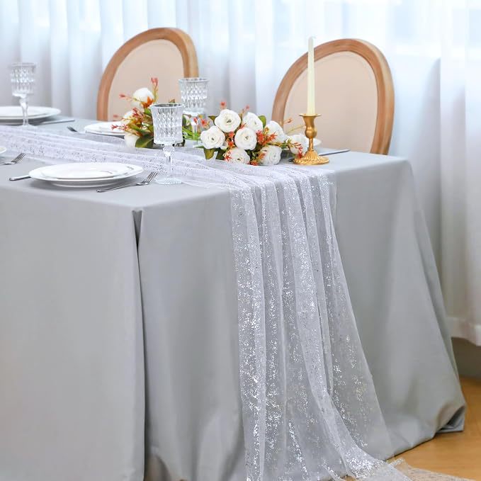 Snowkingdom 10 Pcs 10 FT Silver Table Runners, Sheer Chiffon Gauze Cheesecloth Runner, Sequin Glitter Silver Party Table Decoration Centerpieces for Wedding Christmas Birthday Bridal Baby Shower