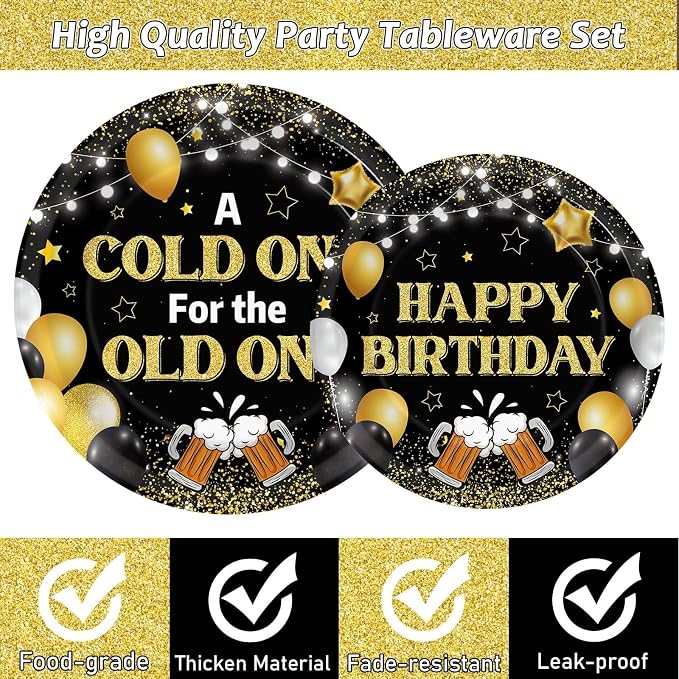 96 Pcs A Cold One for The Old One Party Decorations Black Gold Tableware Set for Men Party Favor Cheers Birthday Party Plates and Napkins for 30th 40th 50th Dinnerware Supplies for 24 Guests